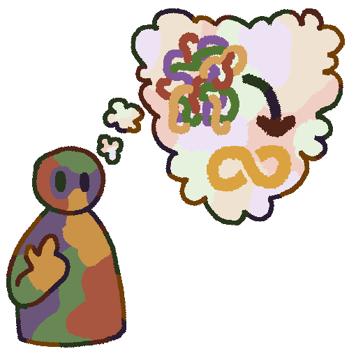A drawing of a person coloured in a mix of colours pointing at themself. From their head is a thought bubble in a mix of pale colours and in it is scribbled mess in a mix of colours with an arrow pointing to an autism infinity symbol. 